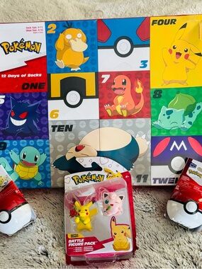 Battle figures, pokeball lego sets and advent sock calendar